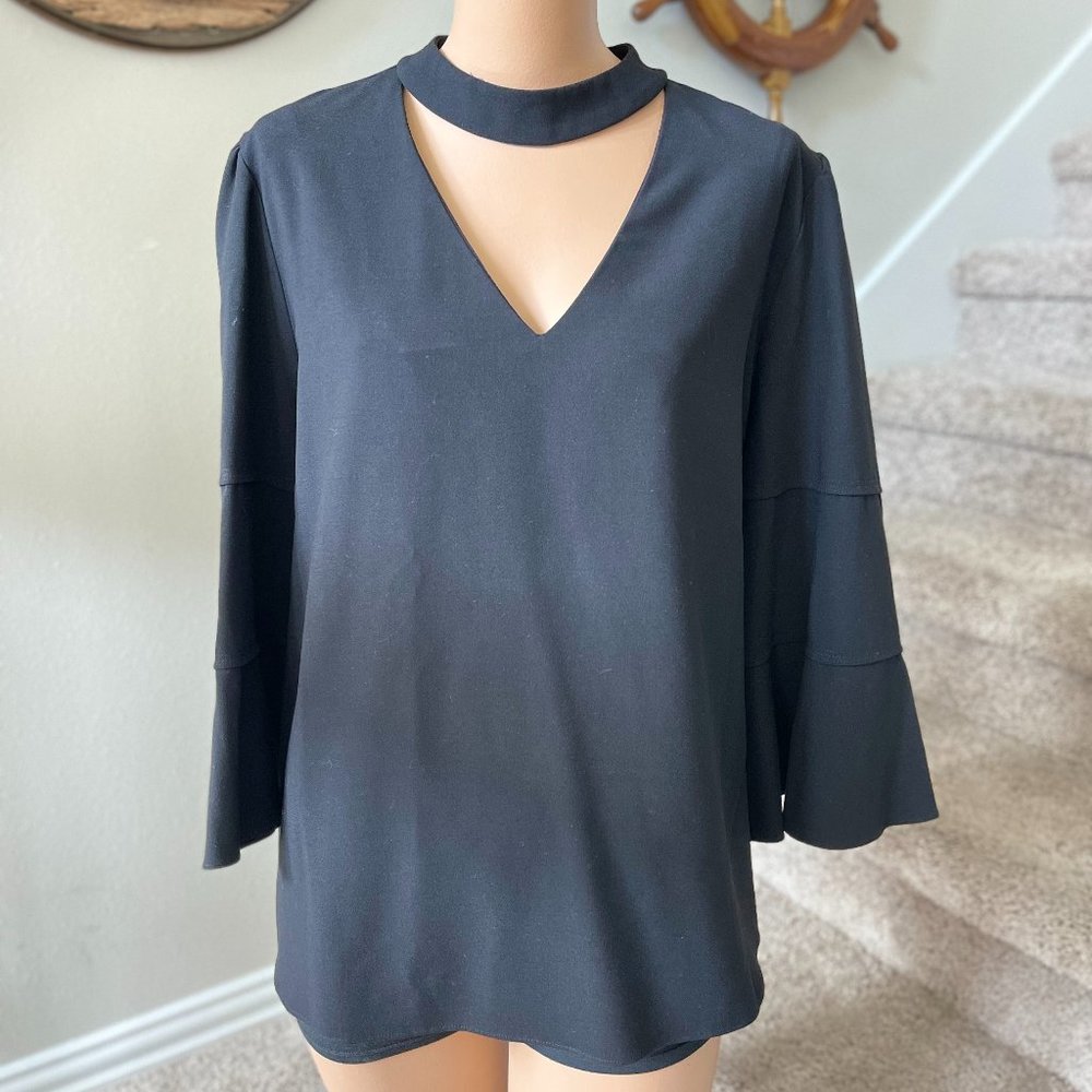Trina Turk Black Peek-A-Boo V-Neck Bell Sleeve Bouse
